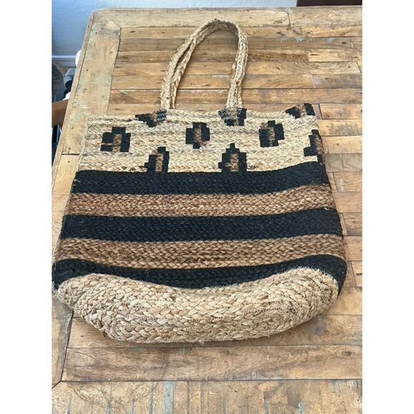 Unbranded Handbags - Unbranded Jute Tote Bag Large 20" Double Strap Shoulder Brown Striped 100% Jute